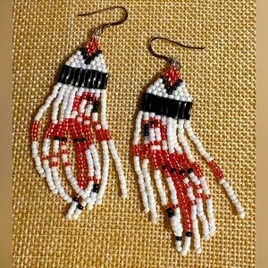 Handmade Native Style Seed Bead Fringe Earrings Red White Black Boho 3”